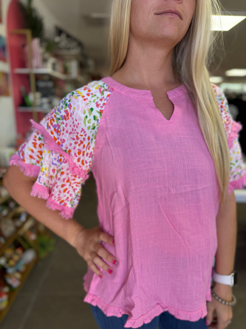 Pink V-Notched Linen Top