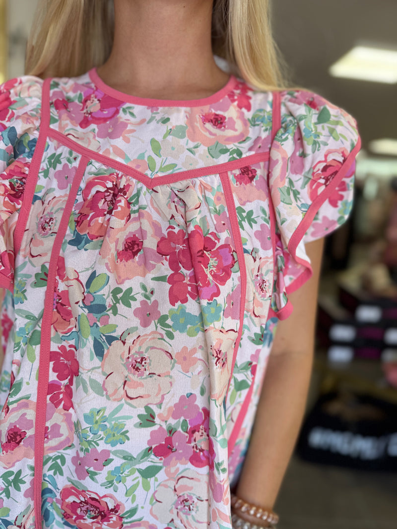 Pink Floral Woven Structured Top