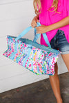 Rectangle Collapsible Watercolor Floral Canvas Blue Strap Tote