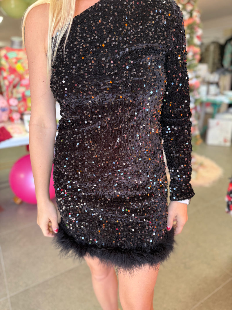 Black Feathered Opulence Sequin Dress