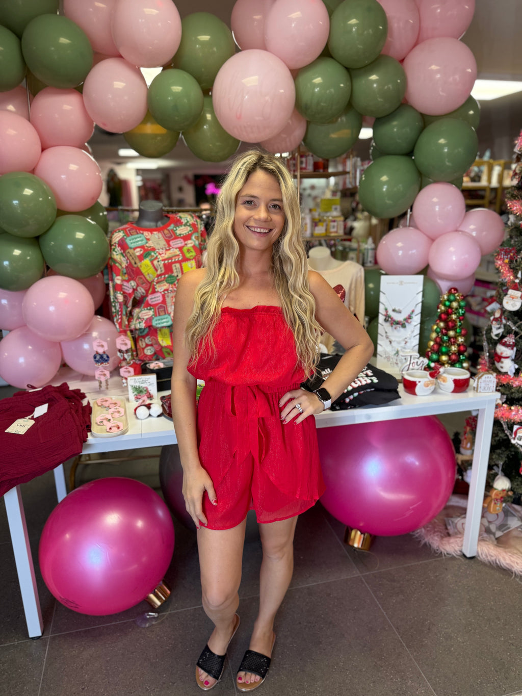 Holiday Red Sparkle Strapless Romper