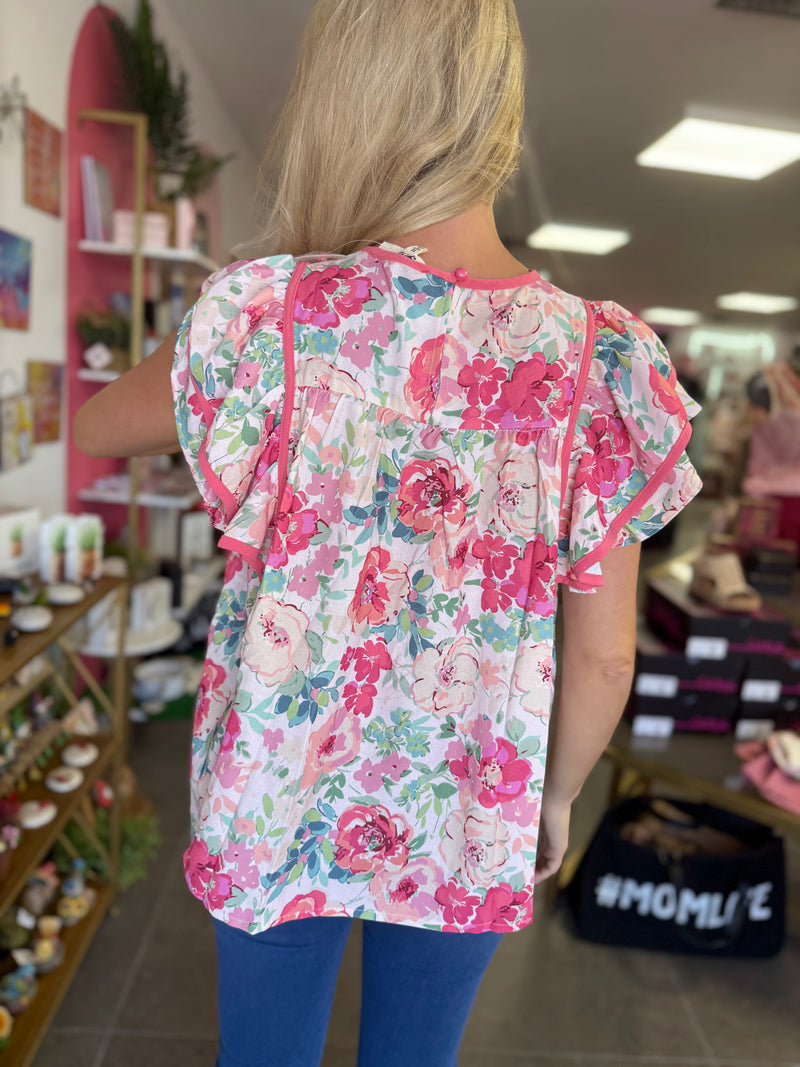 Pink Floral Woven Structured Top