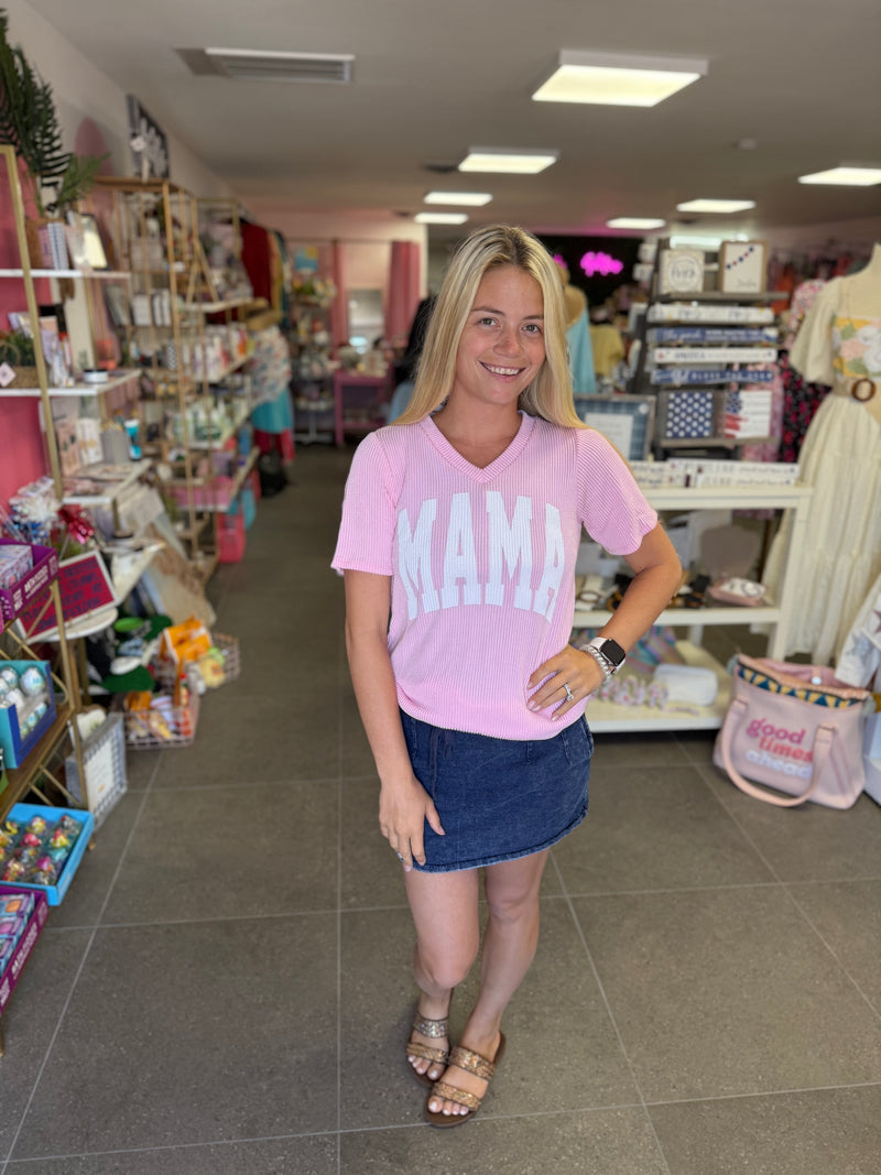 Pink MAMA Short Sleeve Ribbed V-Neck Top