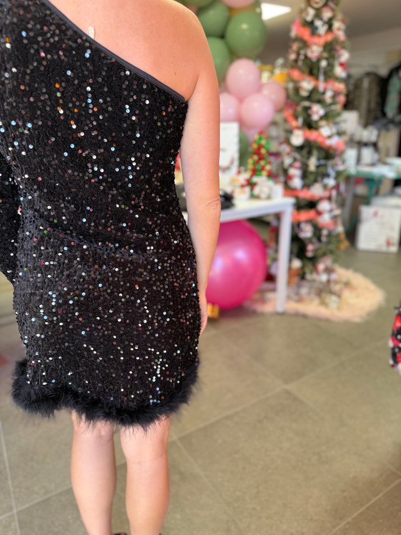 Black Feathered Opulence Sequin Dress