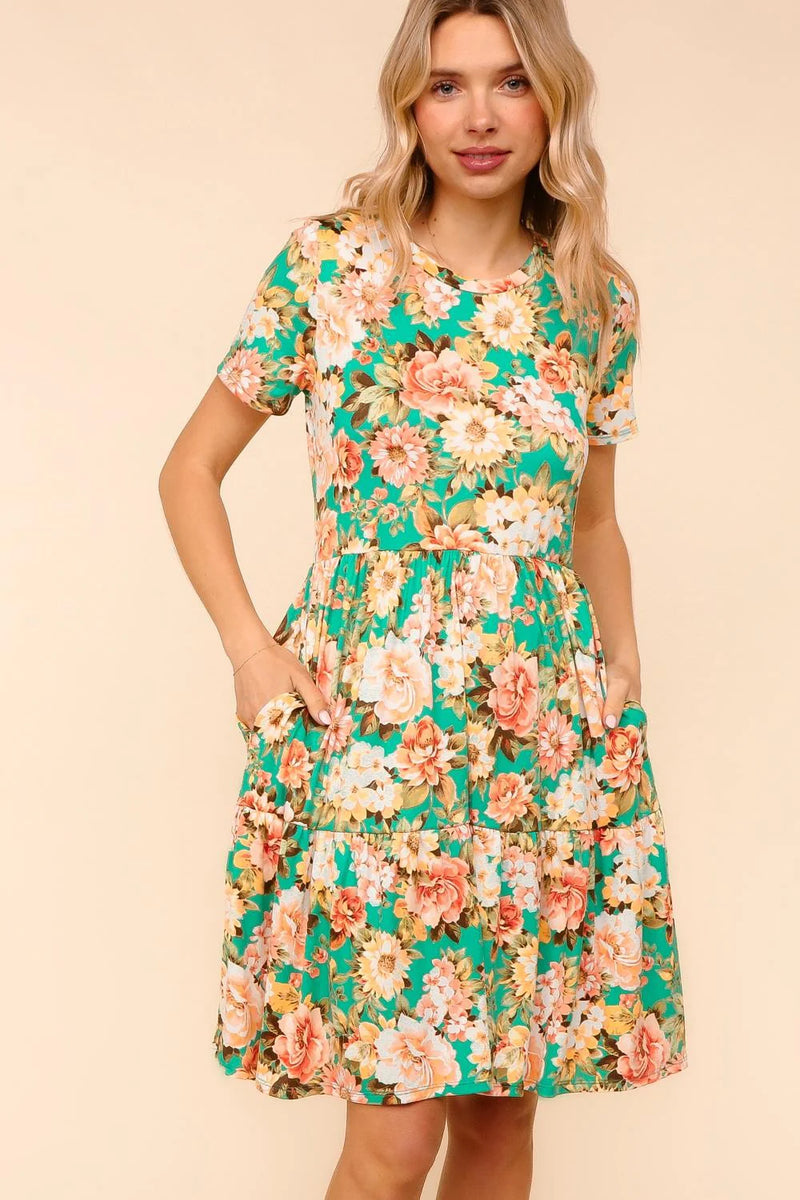 Mint & Peach Floral Tiered Dress