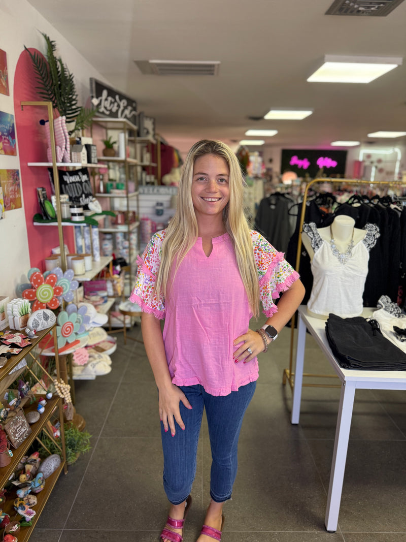 Pink V-Notched Linen Top