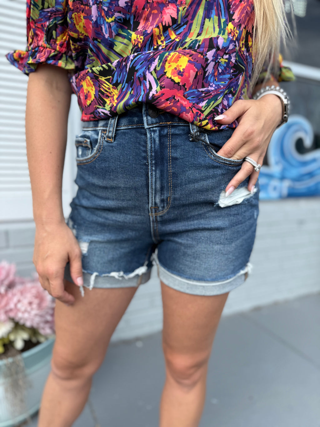 DISTRESSED CUFFED RAW HEM DARK DENIM SHORTS