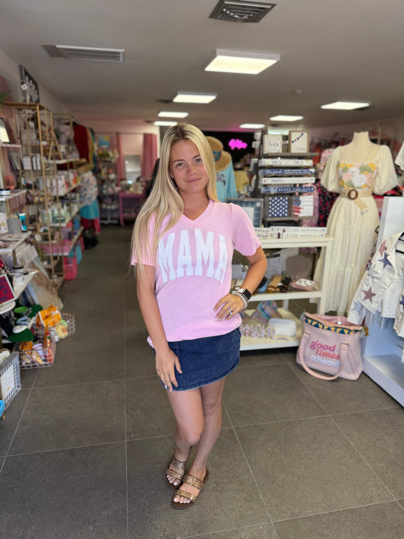 Pink MAMA Short Sleeve Ribbed V-Neck Top