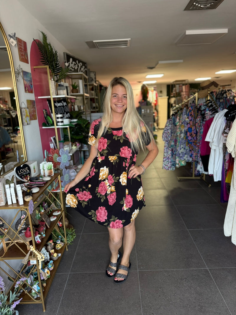 Black Floral Babydoll Dress