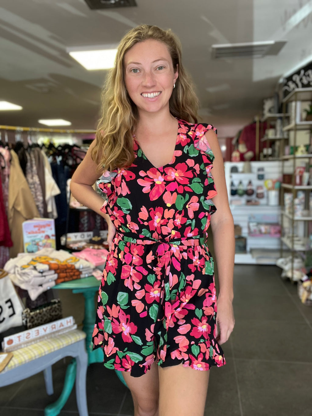 Bold Blooms V Neck Romper