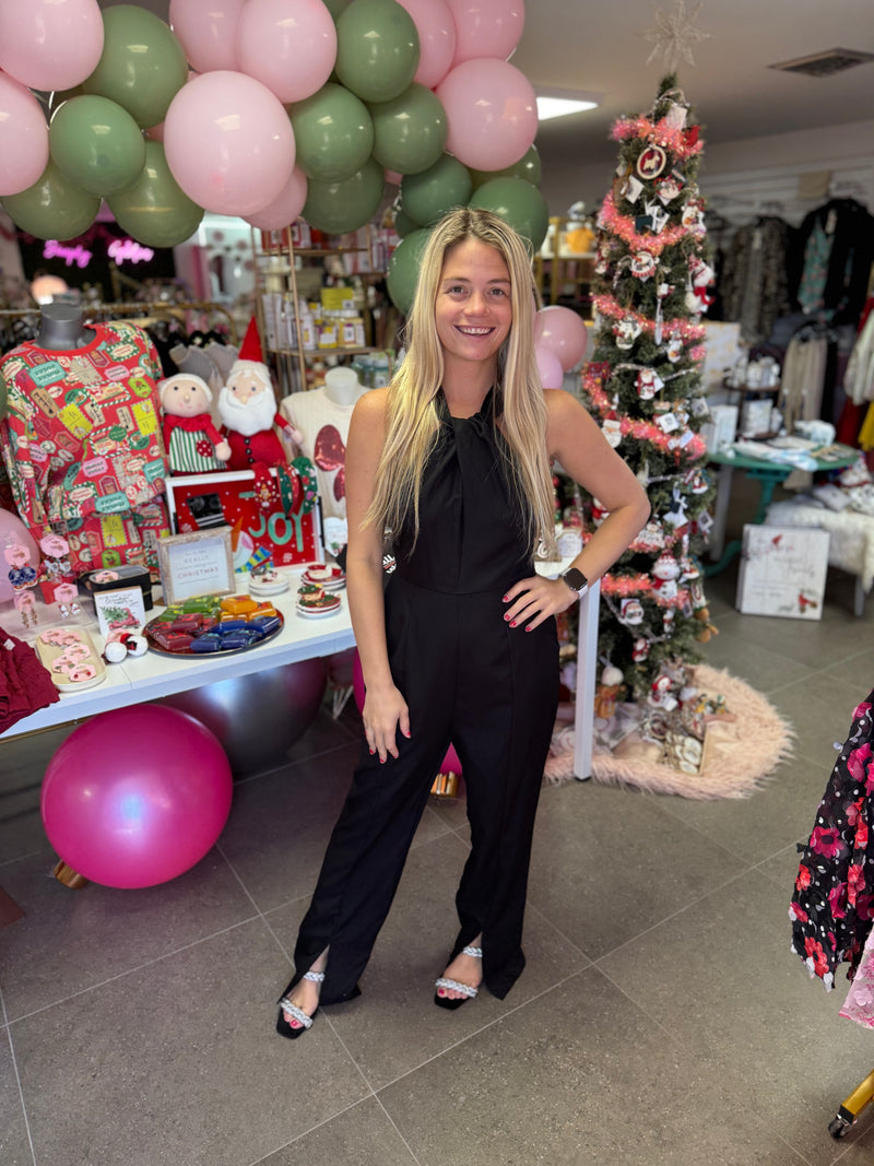 Black Loop Front Halter Romper