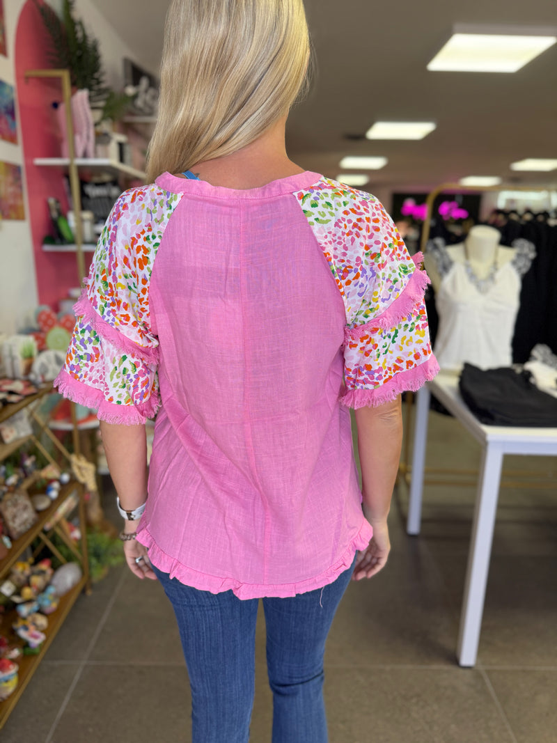 Pink V-Notched Linen Top