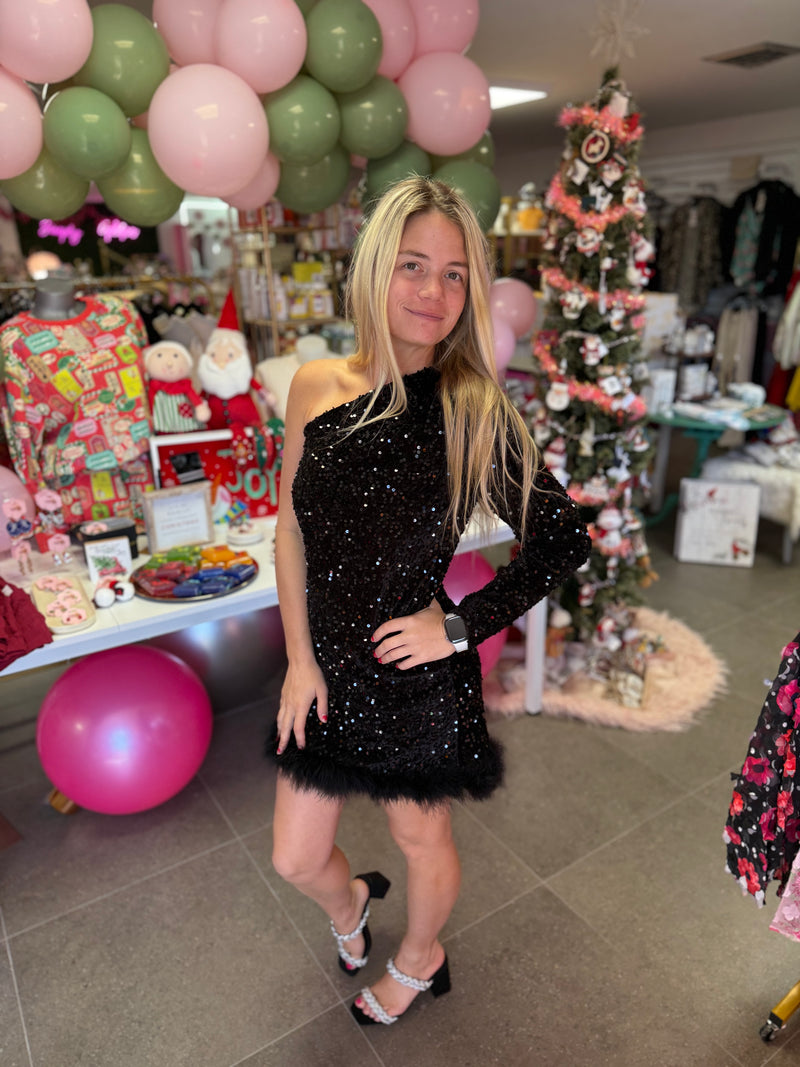 Black Feathered Opulence Sequin Dress