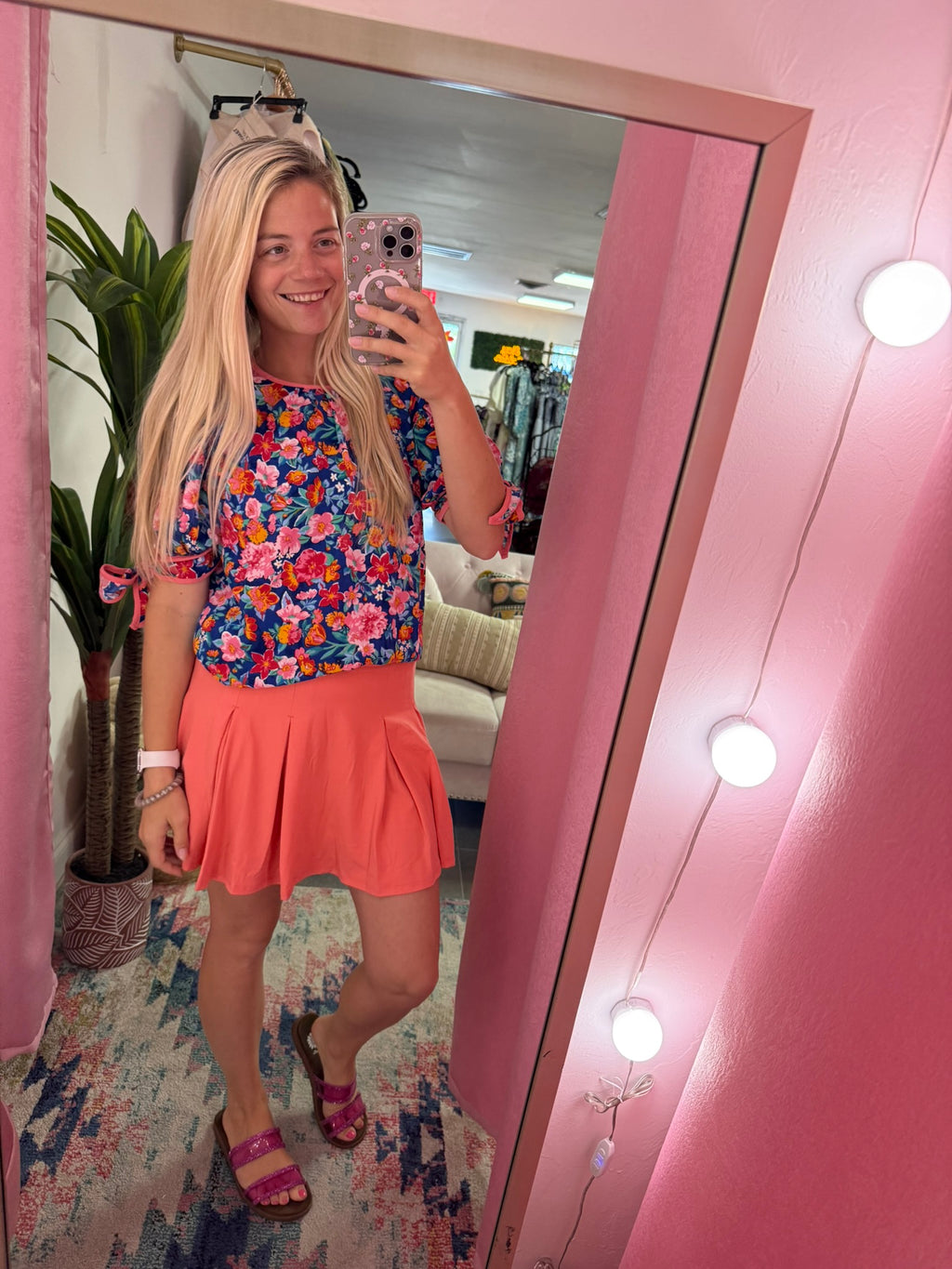 Floral Woven Top with Ribbon Tie Sleeves