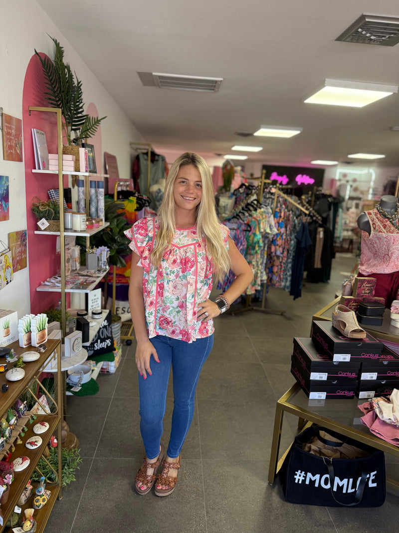 Pink Floral Woven Structured Top