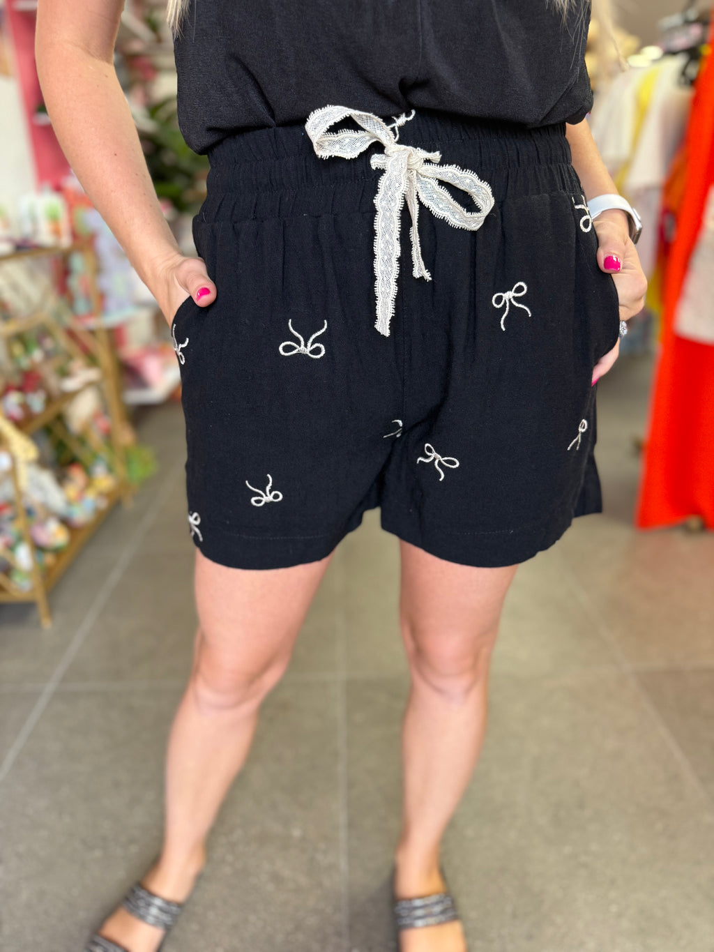 Black Linen Blend Ribbon Embroidered Shorts