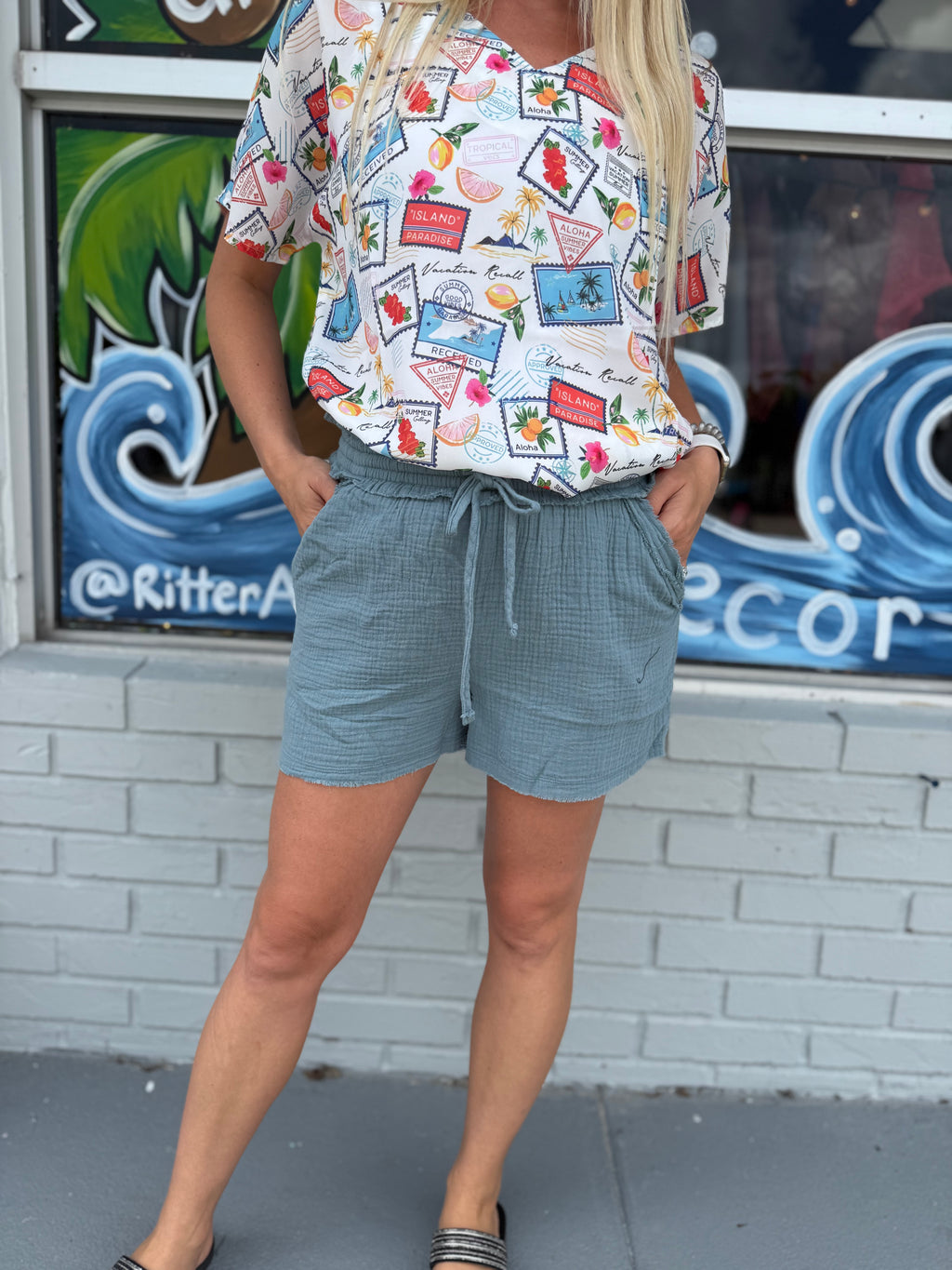 Blue Grey Double Gauze Drawstring Short