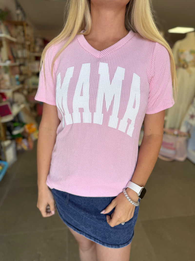 Pink MAMA Short Sleeve Ribbed V-Neck Top