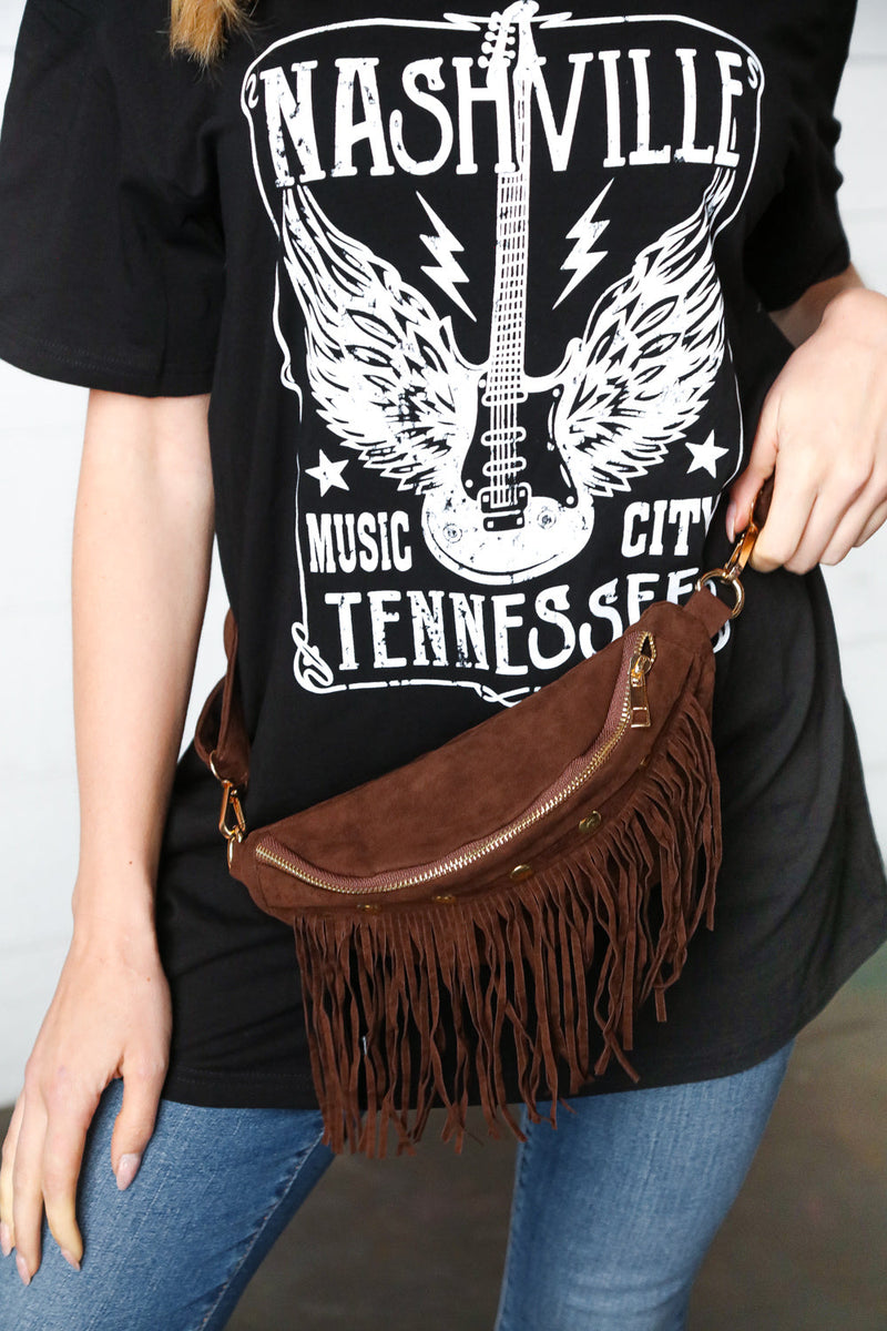 Brown Faux Suede Fringe Convertible Fanny/Sling Bag