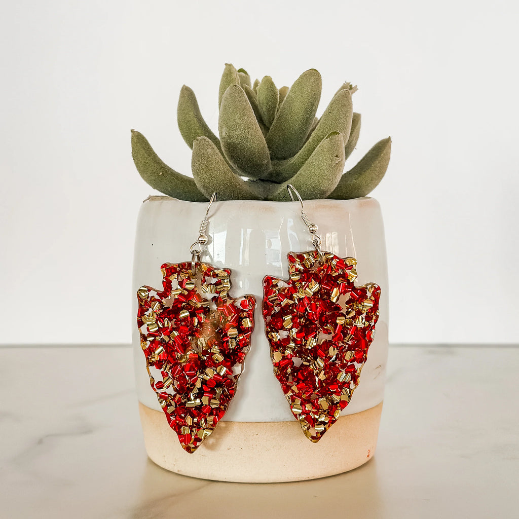 PREORDER Large Chunky Red & Gold Glitter Arrowhead Dangles
