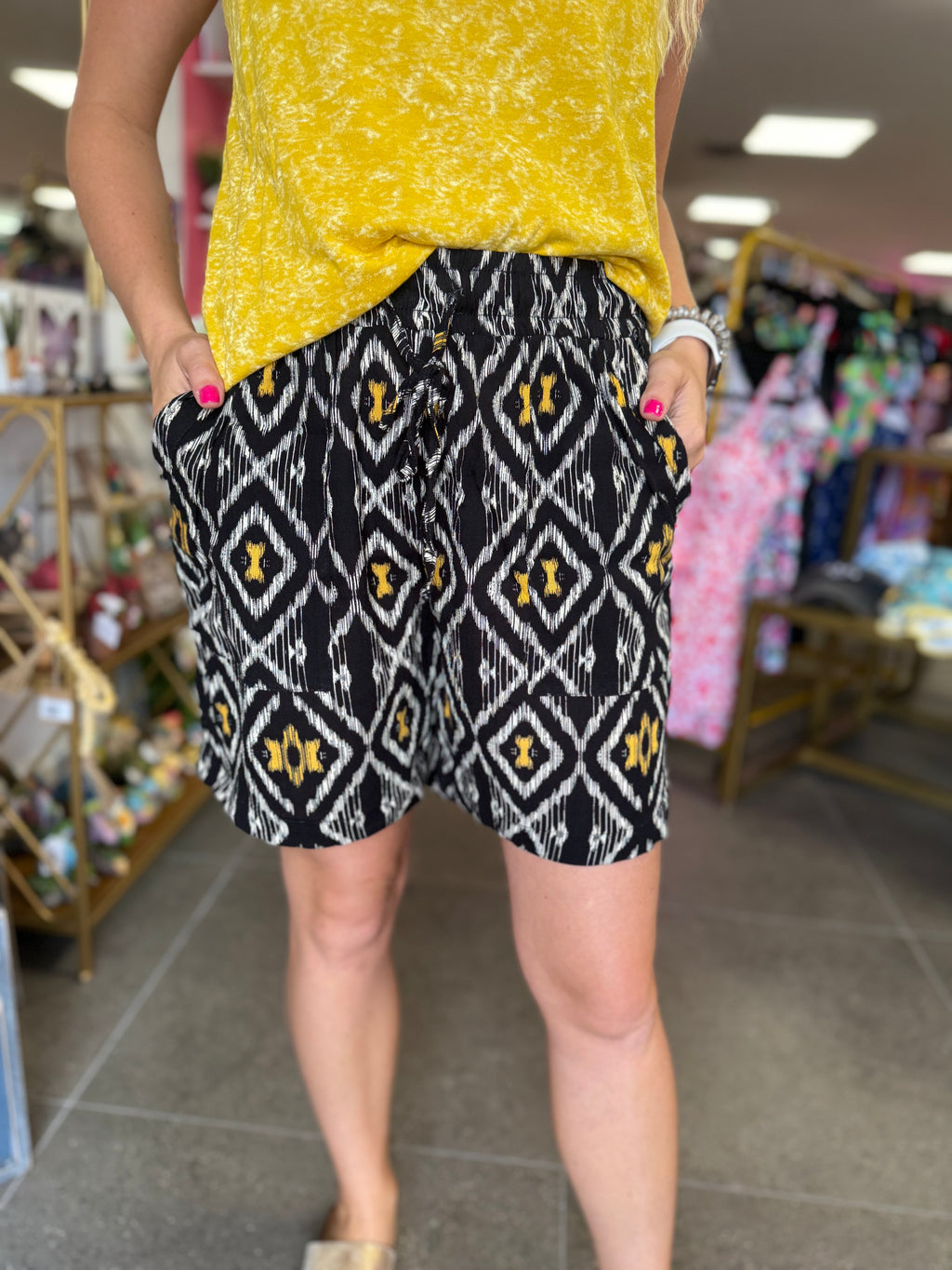 Black & Mustard Printed Elastic Waistband High Rise Linen Shorts