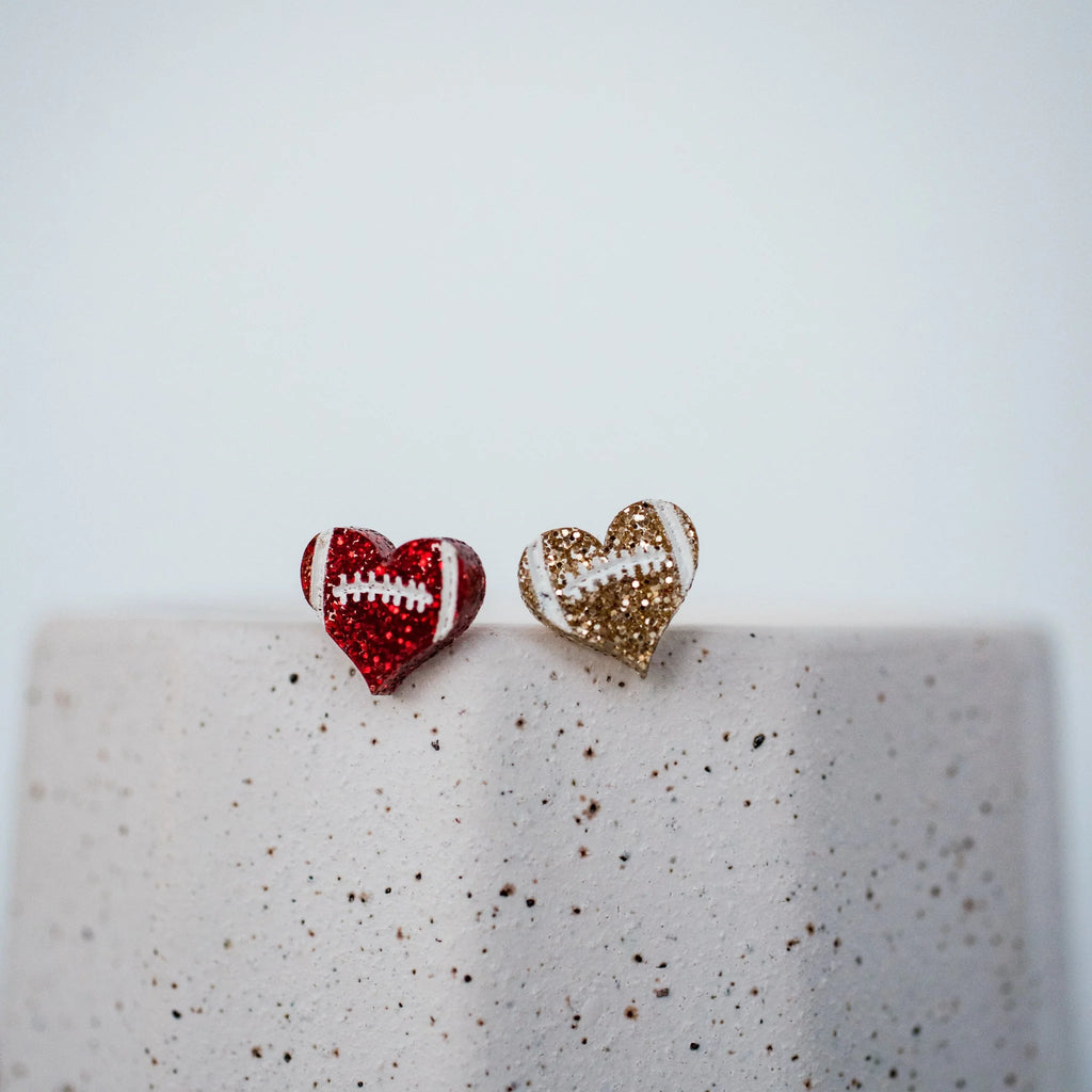 PREORDER Red & Gold Glitter Hand Painted Football Heart Studs