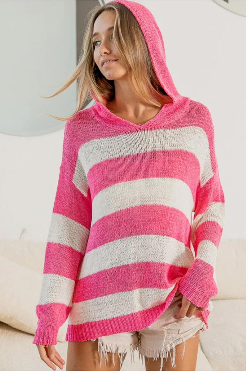Pink & White Stripe Knitted Hoodie