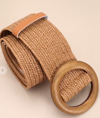 Wooden Buckle Woven Rattan Stretch Waist Belt