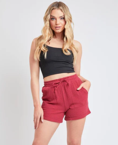 Garnet Double Gauze Drawstring Banded Hem Shorts