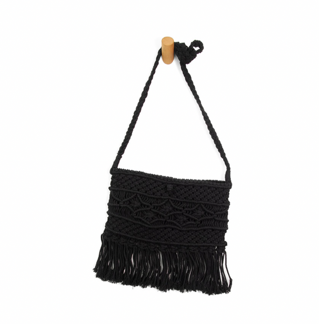 Joy Susan Black Maeve Macrame Crossbody Bag with Fringe
