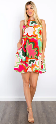 Coral Floral Print Woven Dress