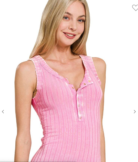 Candy Pink Ribbed Button Up Scoop Neck Tank Top