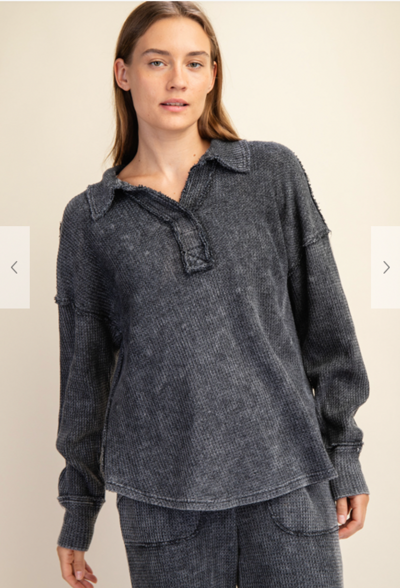 Black Waffle Knit Collared Shirt