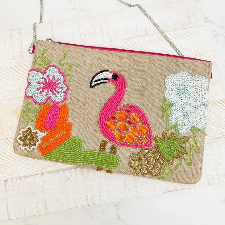 Beaded Flamingo Chain Link Bag