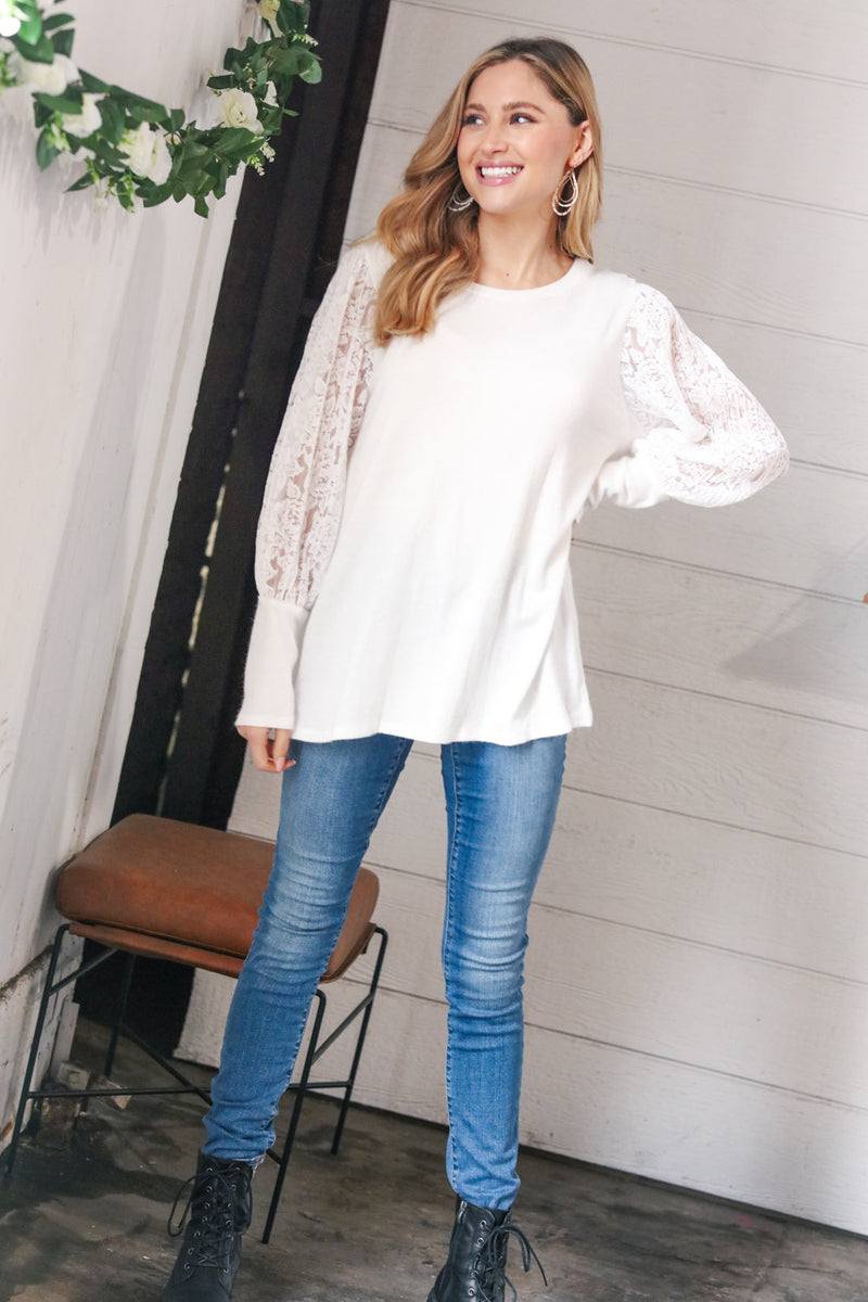 White Hacci Floral Lace Sleeve Sweater Top