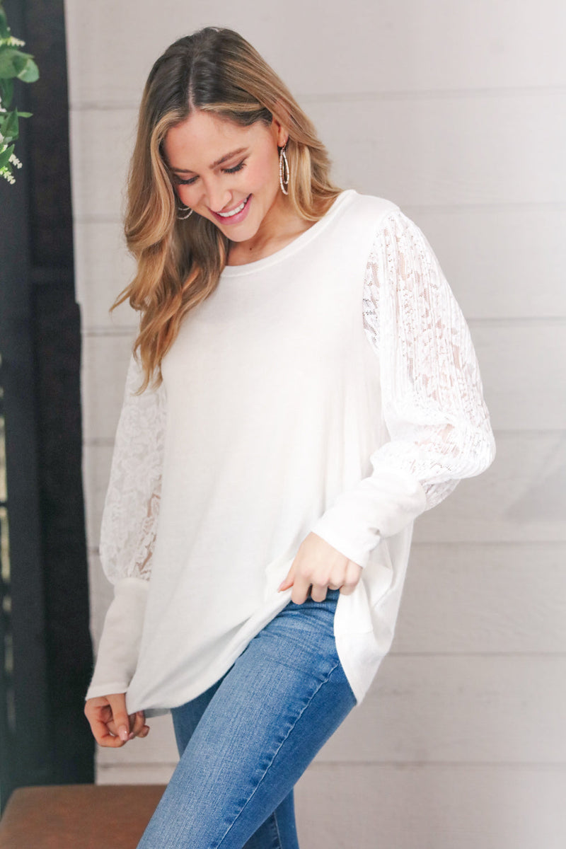 White Hacci Floral Lace Sleeve Sweater Top