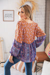 Rust/Blue Floral Bubble Sleeve Beaded Tie Woven Top