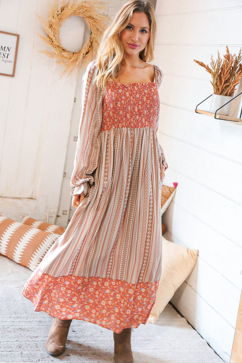 Ethnic Floral Smoked Bodice Maxi Dress