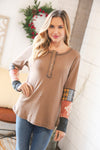Light Brown Thermal Button Down Colorblock Top