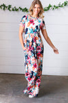 Cream & Navy Floral Pocketed Maxi Dress