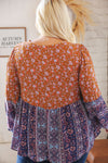 Rust/Blue Floral Bubble Sleeve Beaded Tie Woven Top
