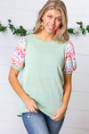 Mint Two Tone Floral Puff Sleeve Top
