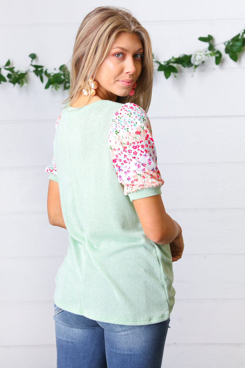 Mint Two Tone Floral Puff Sleeve Top