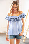 Blue/Navy Embroidered Ruffle Off Shoulder Blouse