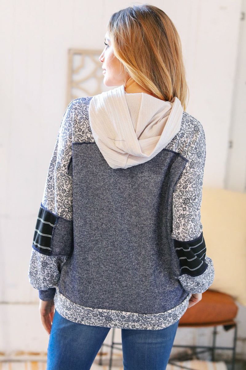 Navy Cable Knit Floral Color Block Hoodie