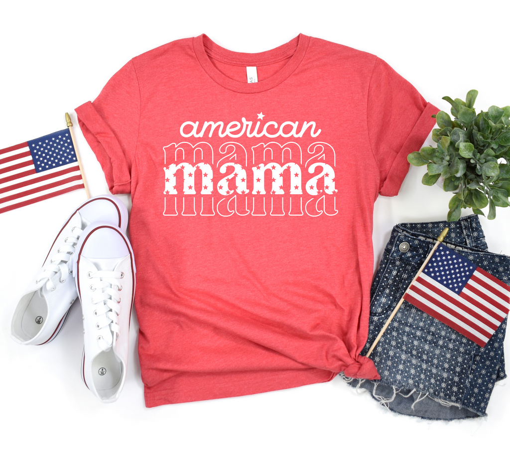 PREORDER: American Mama Graphic Tee in Heather Red