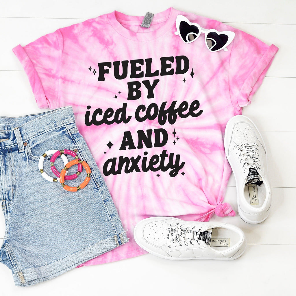 PREORDER: Fueled by Iced Coffee and Anxiety Graphic Shirt in Pink Tie Dye