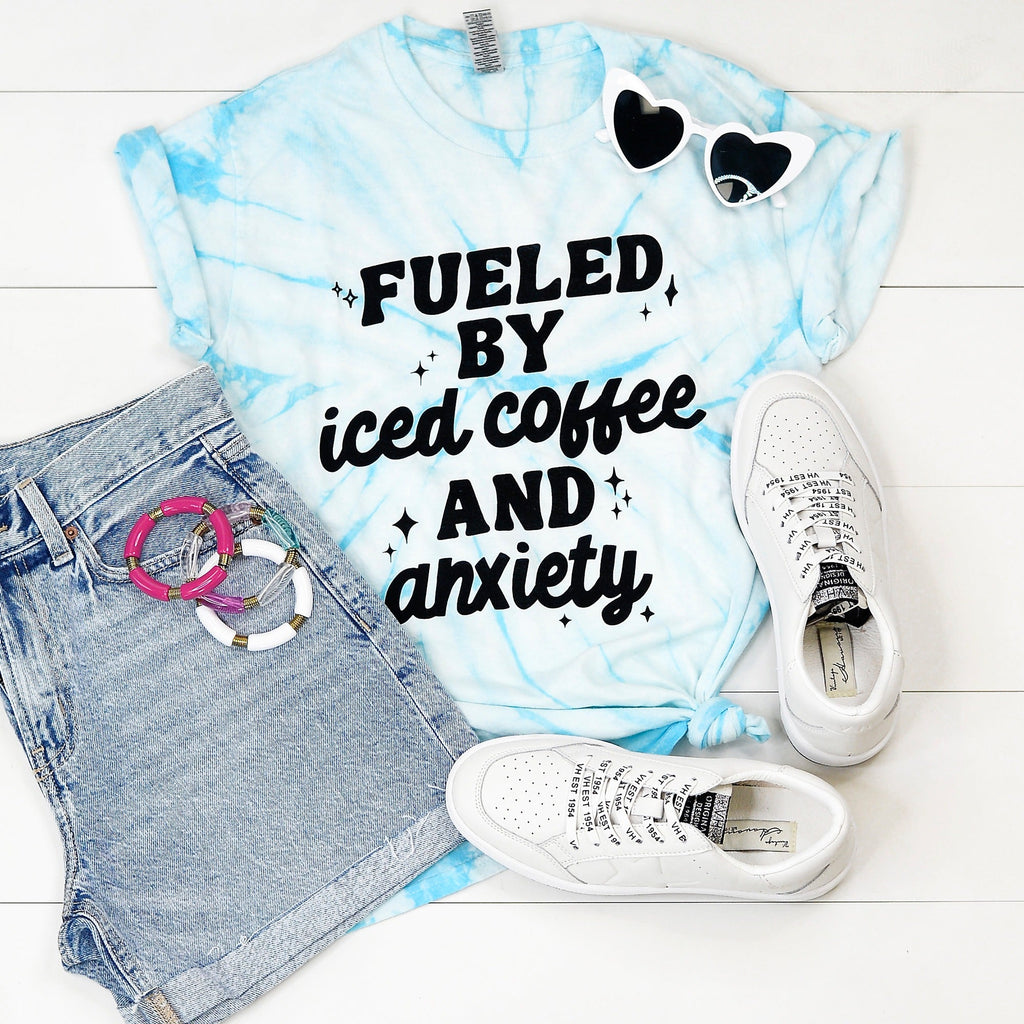 PREORDER: Fueled by Iced Coffee and Anxiety Graphic Shirt in Turquoise Tie Dye