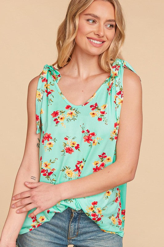 Floral Print Tie Knot Knit Swing Top