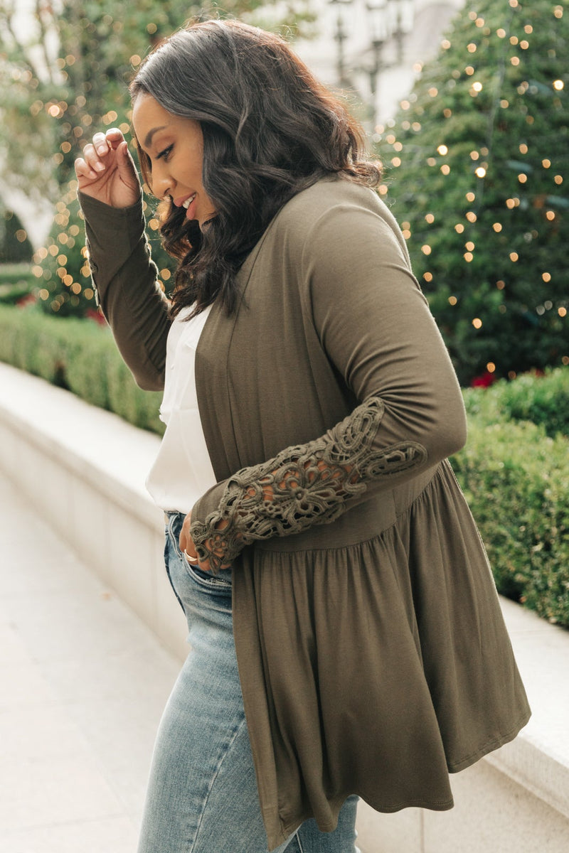 Little Bit Of Lace Cardigan In Olive